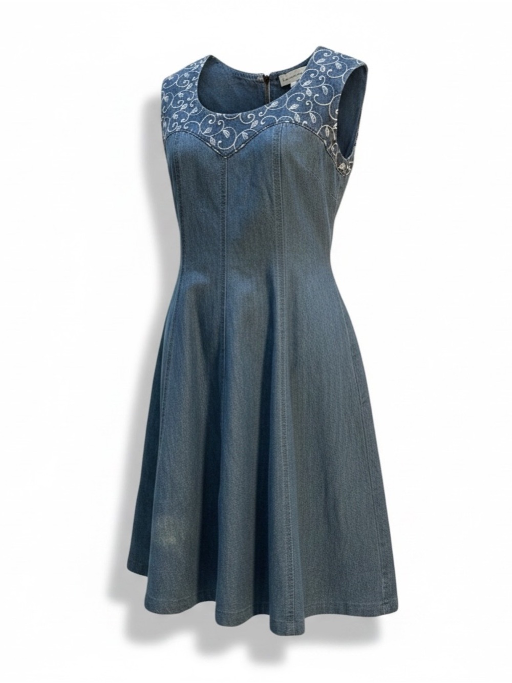 Sleeveless Denim Midi Dress with Embroidered Yoke